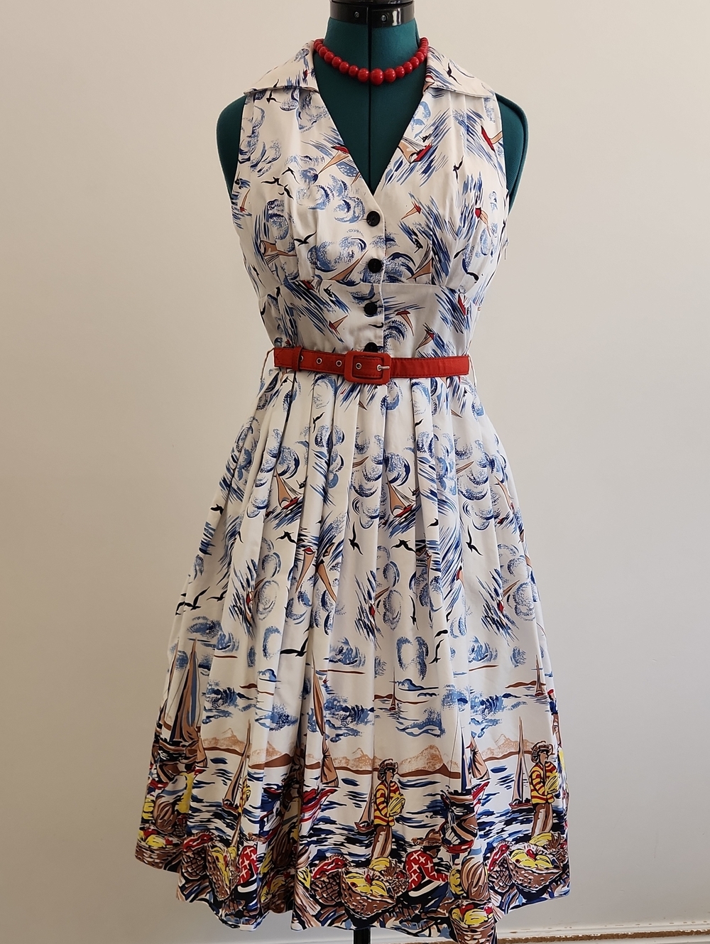 ⛵️Retrospec'd White Nautical Print Sleeveless Dress with Red Belt Sz 6